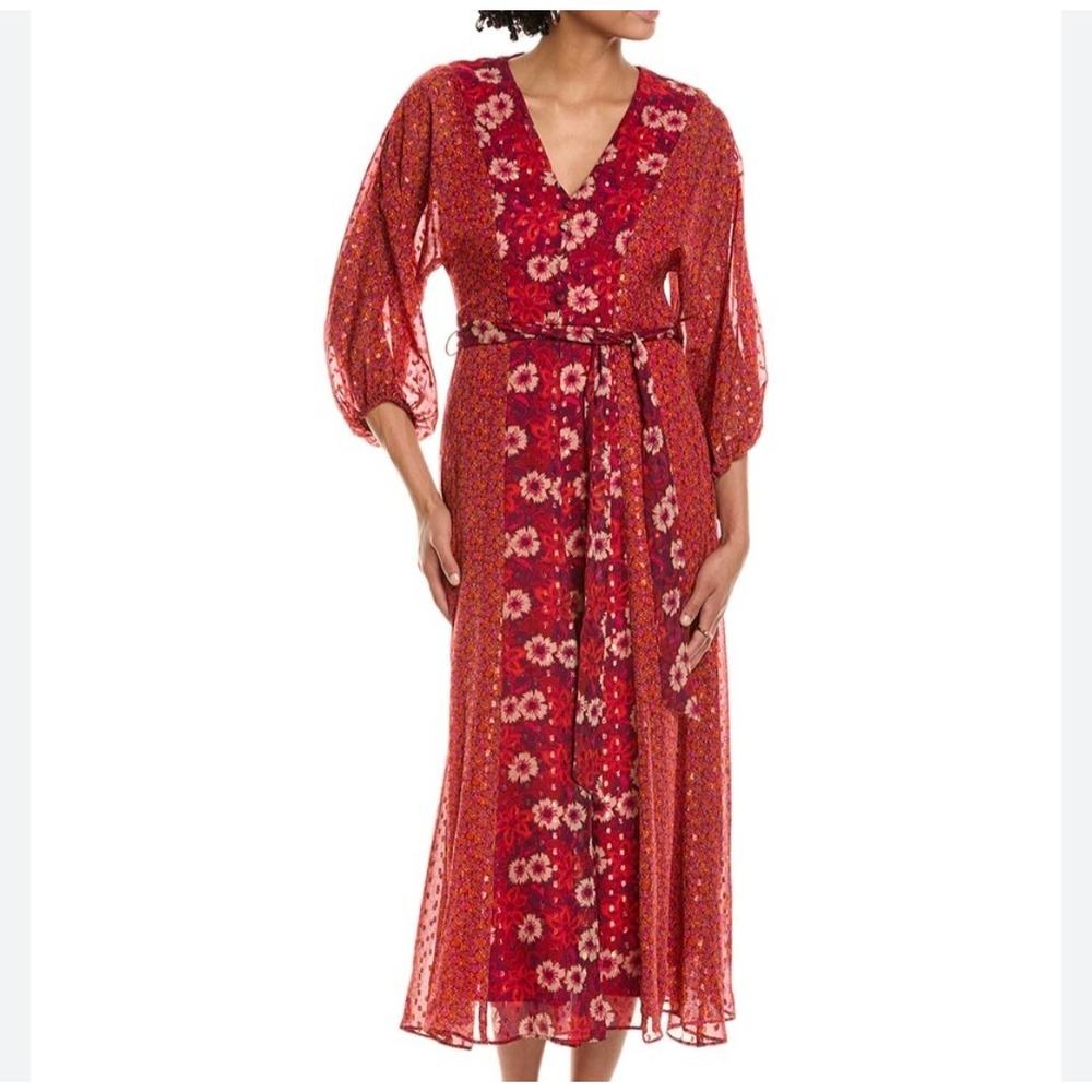 Taylor Mixed Floral Metallic Midi Dress V-Neck‎ Belted Size 14 NWT